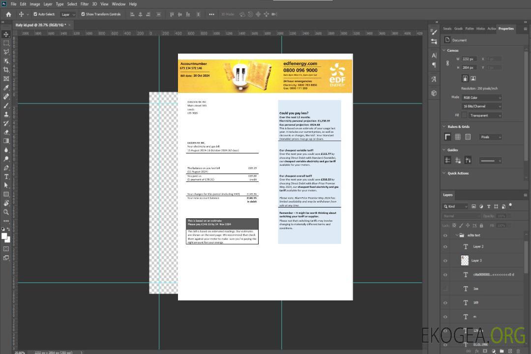 Royaume-Uni Facture d'électricité et de gaz des entreprises d'EDF Energy Formats Word et PDF, version 2 template